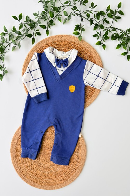 0-12 AY KARE DESENLİ PAPYONLU MANŞETLİ TULUM LACİVERT