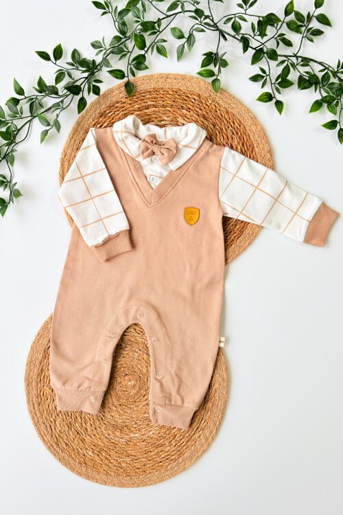 0-12 AY KARE DESENLİ PAPYONLU MANŞETLİ TULUM KAHVE