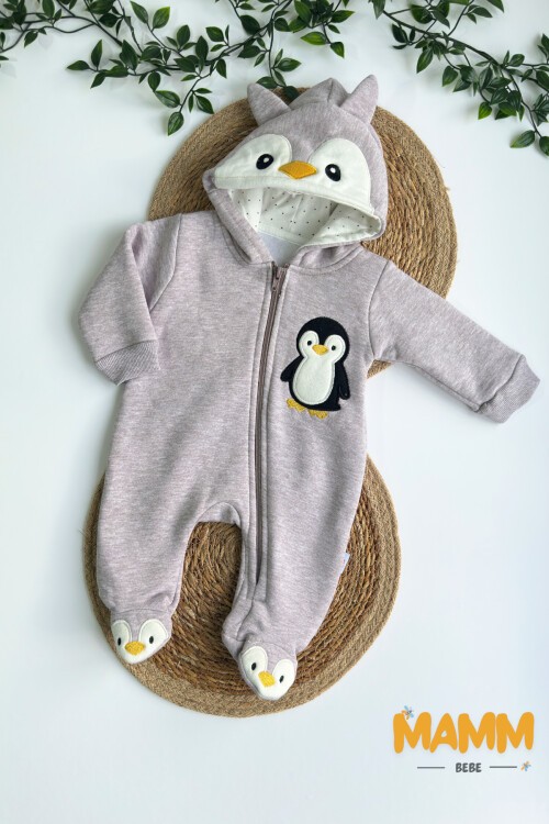 0-12 AY PENGUEN BASKILI ŞARDONLU KAPŞONLU TULUM GRİ