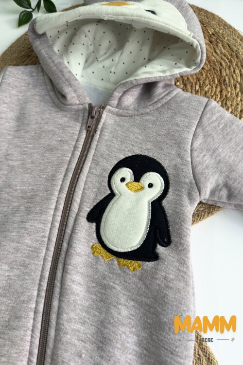 0-12 AY PENGUEN BASKILI ŞARDONLU KAPŞONLU TULUM GRİ