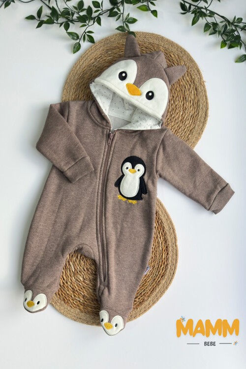 0-12 AY PENGUEN BASKILI ŞARDONLU KAPŞONLU TULUM KAHVE