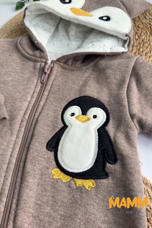 0-12 AY PENGUEN BASKILI ŞARDONLU KAPŞONLU TULUM KAHVE