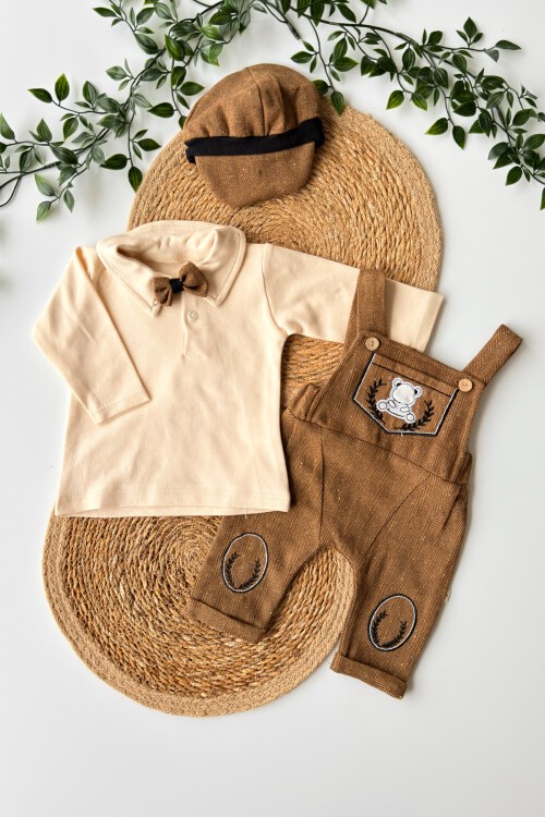 0-12 AY YAKALI ŞAPKALI SALOPETLİ MANŞETLİ TULUM KAHVERENGİ