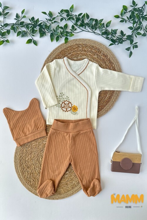 0-3 AY ÇİÇEK NAKIŞ ÜÇLÜ TAKIM TURUNCU