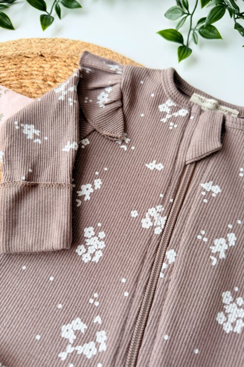 0-3 AY ÇİÇEK DESENLİ FERMUARLI PATİKLİ ÜÇLÜ TULUM