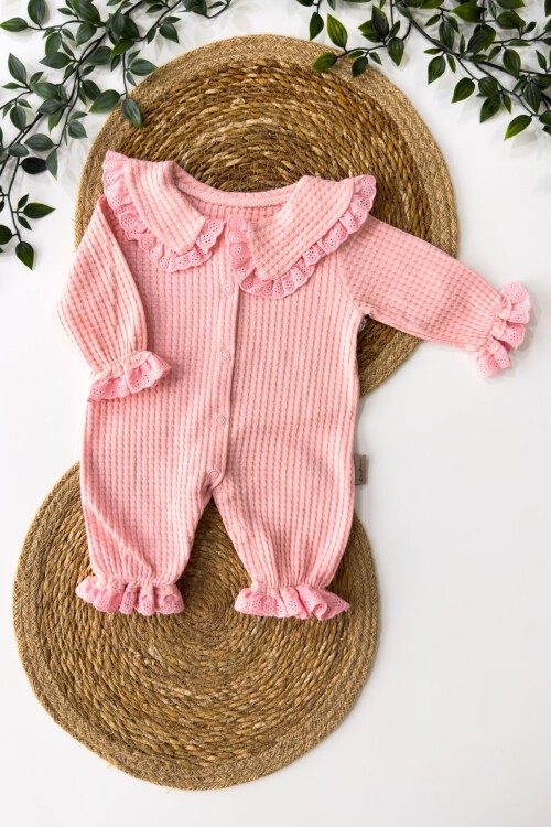 0-3 AY WAFFLE KUMAŞ FİSTOLU TULUM PEMBE