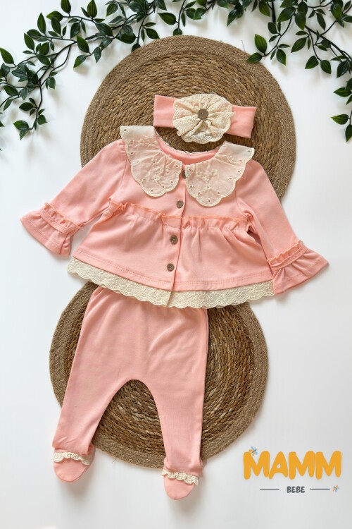 0-3 AY YAKA DETAYLI ÜÇLÜ TAKIM PEMBE