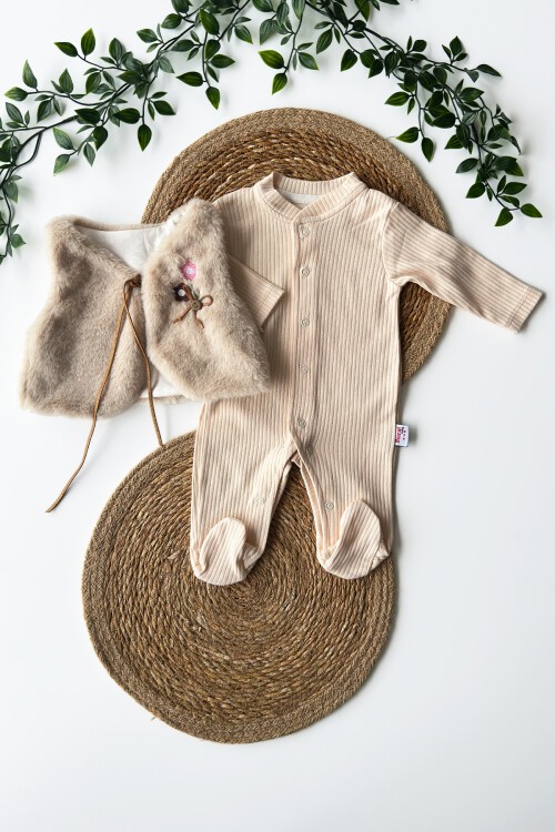 0-6 AY YELEĞİ ÇİÇEK İŞLEMELİ TULUM BEJ