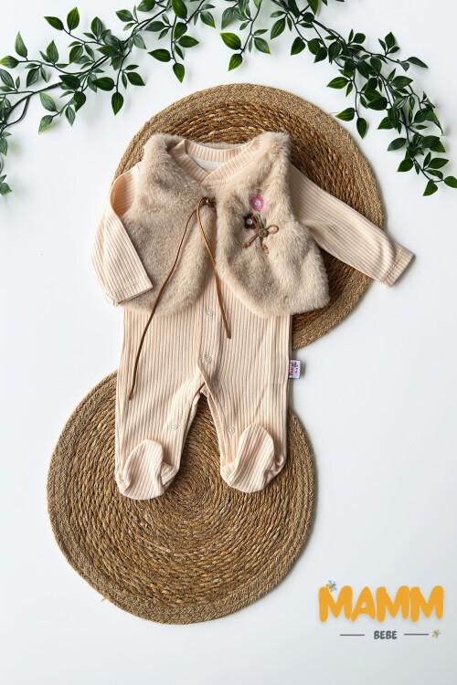 0-6 AY YELEĞİ ÇİÇEK İŞLEMELİ TULUM BEJ