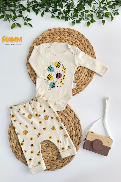 0-9 AY 2Lİ ARI DESENLİ KOLLU TAKIM EKRU