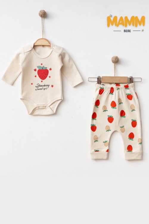 0-9 AY 2Lİ ÇİLEK DESENLİ KOLLU TAKIM EKRU