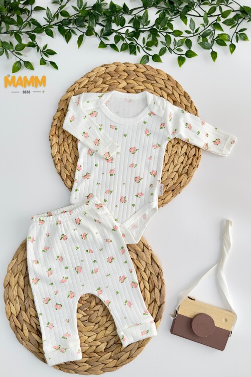 0-9 AY 2Lİ ÇİÇEK DESENLİ KOLLU TAKIM BEYAZ