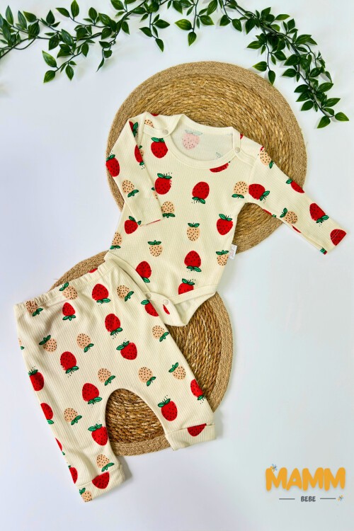 0-9 AY 2Lİ YENİ ÇİLEK DESENLİ KOLLU TAKIM EKRU