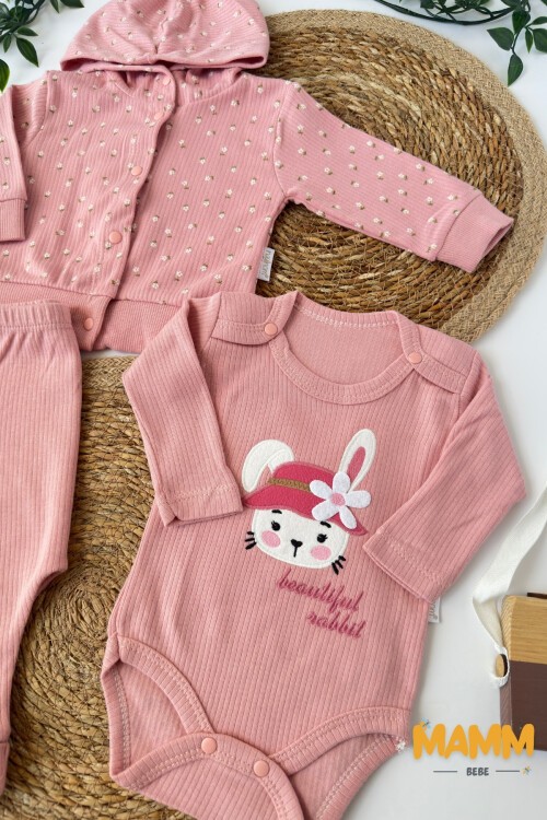 0-9 AY 3LÜ ÇİÇEK DESENLİ TAKIM PEMBE