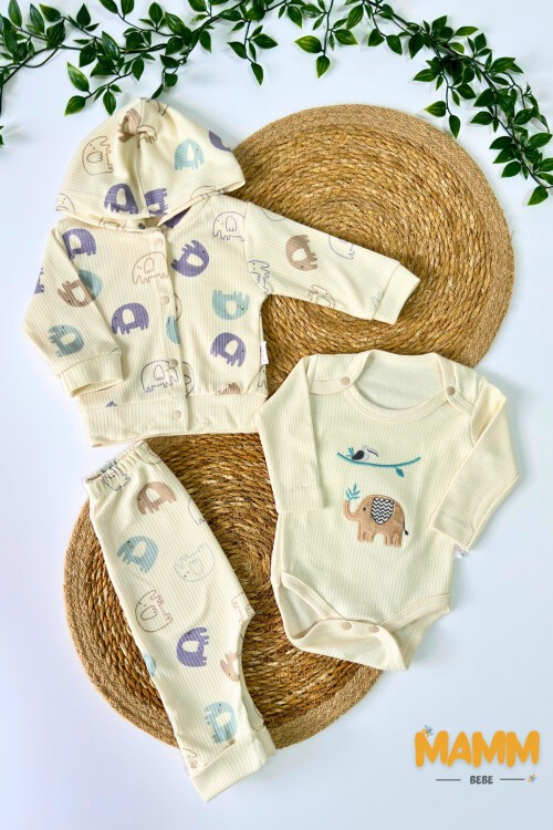 0-9 AY 3LÜ FİL DESENLİ TAKIM EKRU