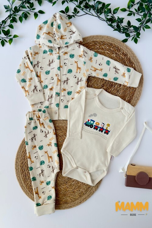 0-9 AY 3LÜ ZÜRAFA DESENLİ TAKIM EKRU