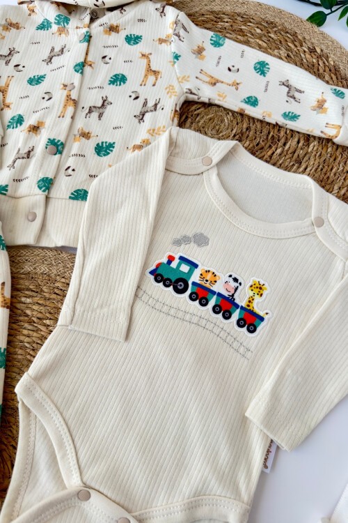 0-9 AY 3LÜ ZÜRAFA DESENLİ TAKIM EKRU