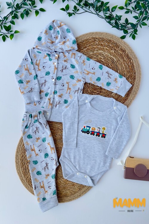 0-9 AY 3LÜ ZÜRAFA DESENLİ TAKIM GRİ