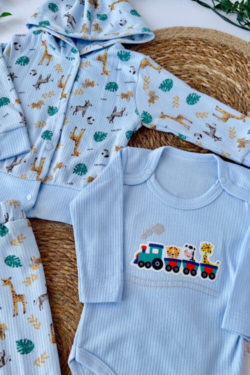 0-9 AY 3LÜ ZÜRAFA DESENLİ TAKIM MAVİ