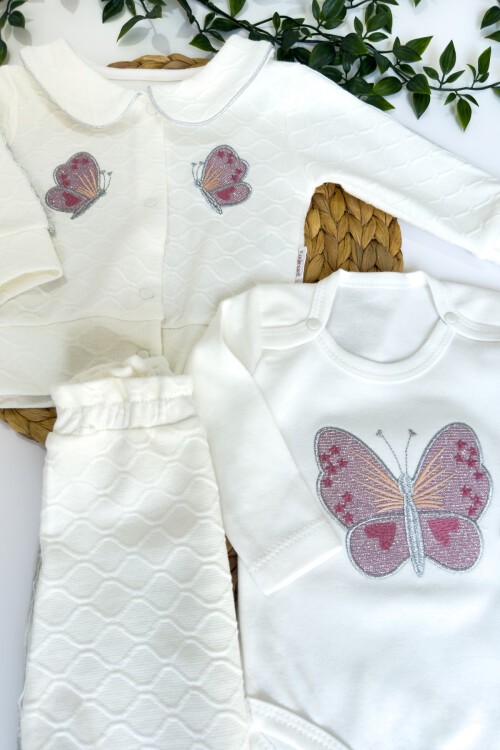 0-9 AY 3LÜ YAKALI KELEBEK NAKIŞLI TAKIM BEYAZ