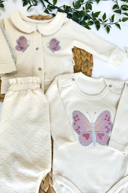 0-9 AY 3LÜ YAKALI KELEBEK NAKIŞLI TAKIM EKRU