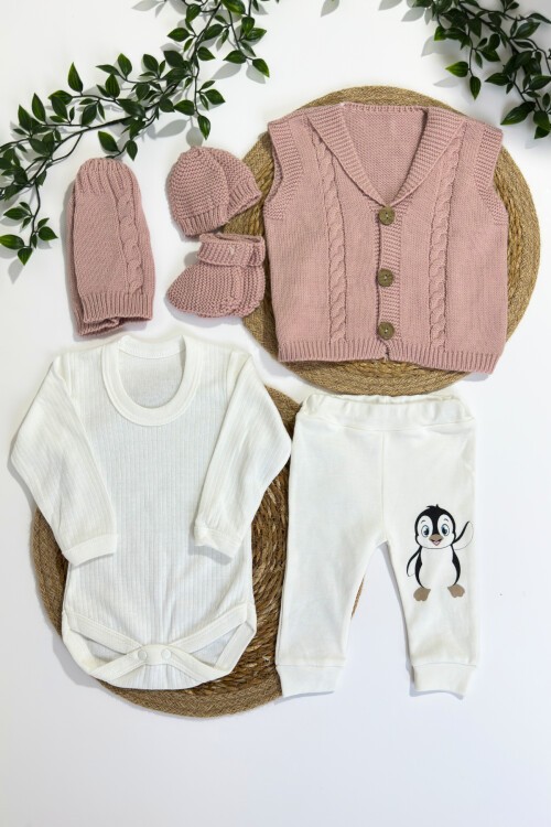 0-9 AY TRİKO YELEKLİ PENGUENLİ 6LI TAKIM PEMBE