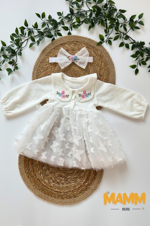 6-12-18 AY KELEBEK TÜLLÜ BANDANALI ELBİSE BEYAZ