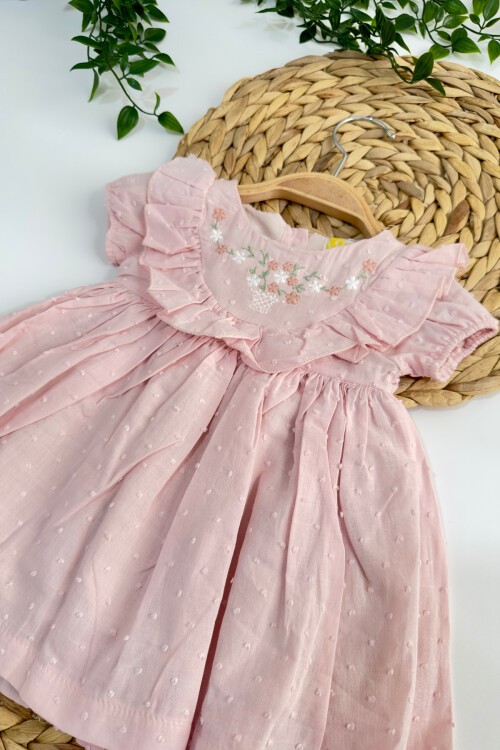 6-18 AY ÇİÇEK NAKIŞLI ELBİSE PEMBE