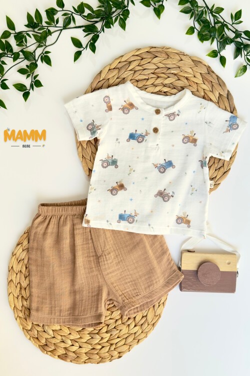 6-24 AY TRAKTÖR ŞORTLU MÜSLİN 2Lİ TAKIM KAHVE