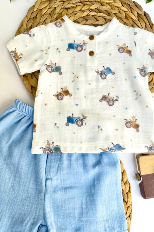 6-24 AY TRAKTÖR ŞORTLU MÜSLİN 2Lİ TAKIM MAVİ