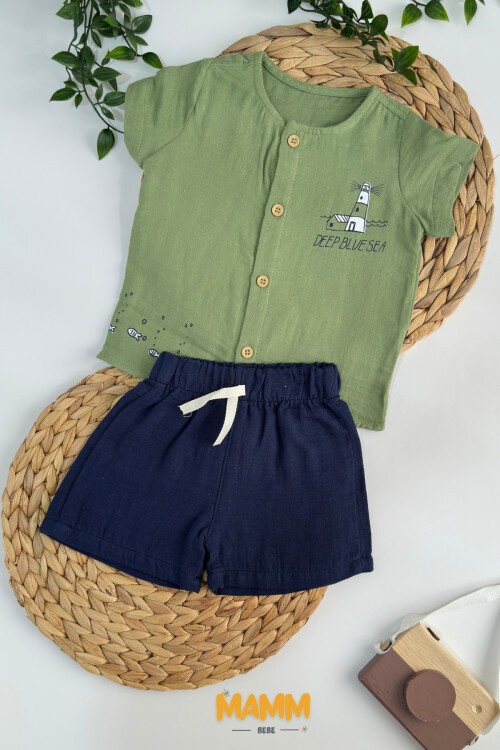 6-24 AY BİYE YAKALI BALIK BASKILI 2Lİ MÜSLİN TAKIM YEŞİL