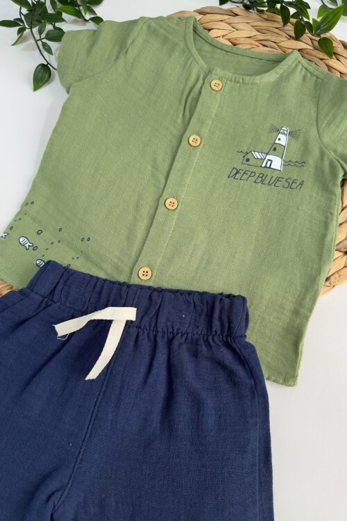 6-24 AY BİYE YAKALI BALIK BASKILI 2Lİ MÜSLİN TAKIM YEŞİL