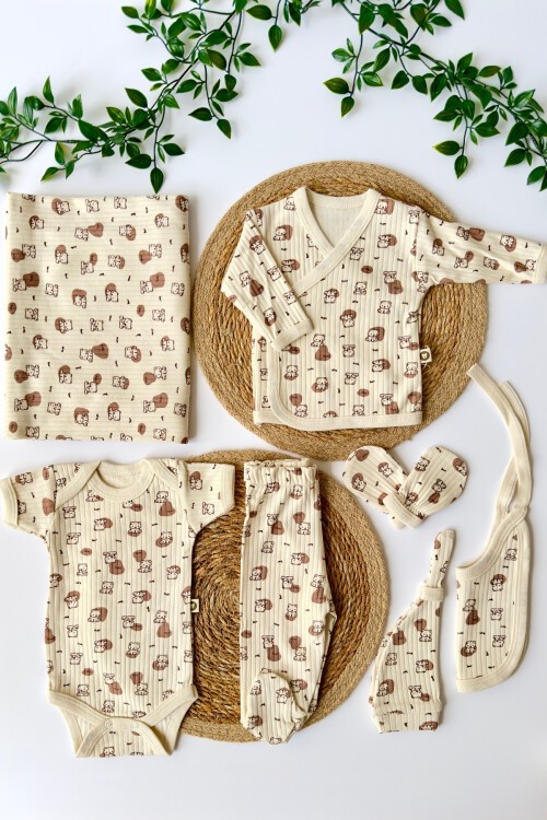 7Lİ HASTAHANE ÇIKIŞ SETİ KEDİLİ EKRU