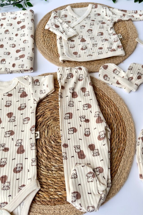 7Lİ HASTAHANE ÇIKIŞ SETİ KEDİLİ EKRU