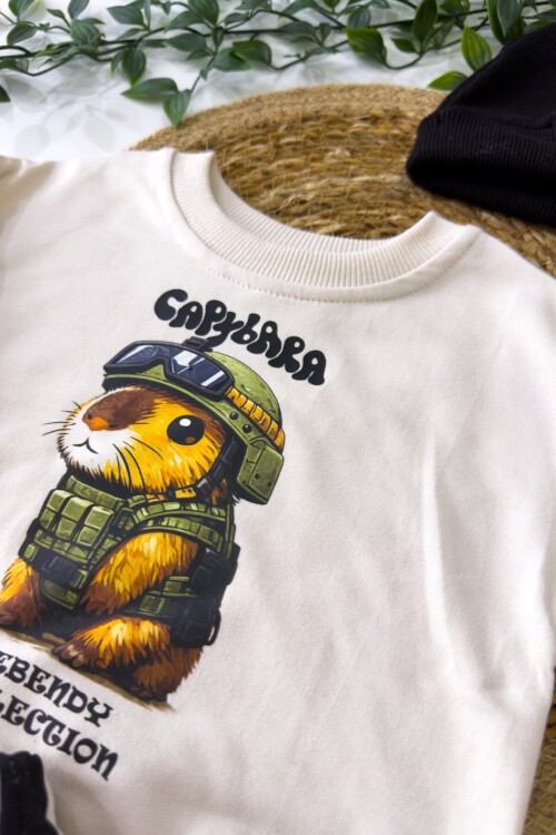 9-36 AY ÇİZGİLİ PANTOLON CAPYBARA BASKILI ÇORAP BERELİ TAKIM BEYAZ