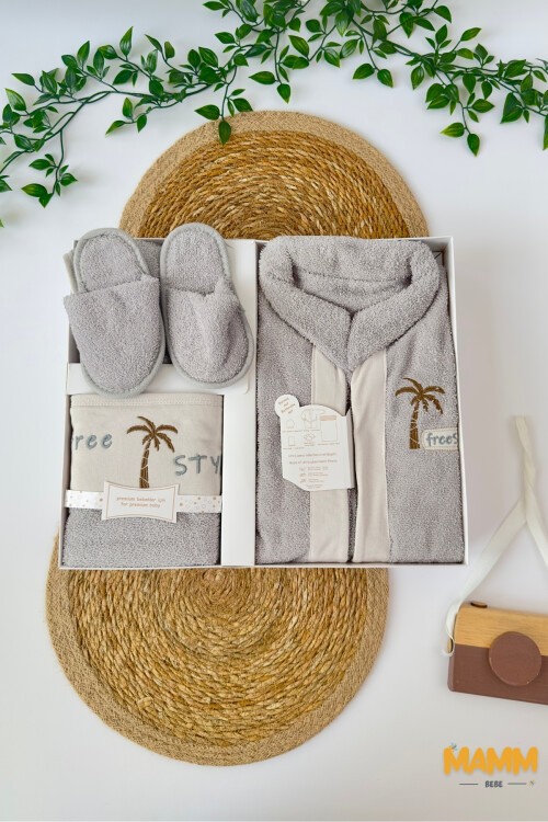 GRİ PALMİYE 5 PARÇA HAVLU BORNOZ SETİ