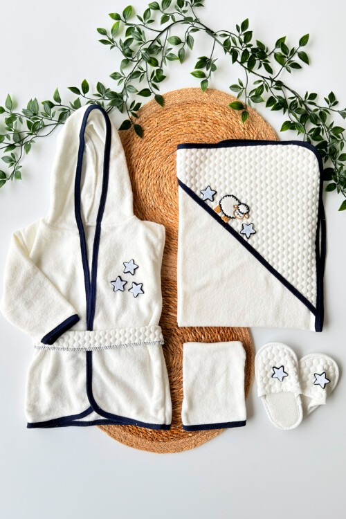 KUZULU BEBEK HAVLU BORNOZ TAKIMI LACİVERT