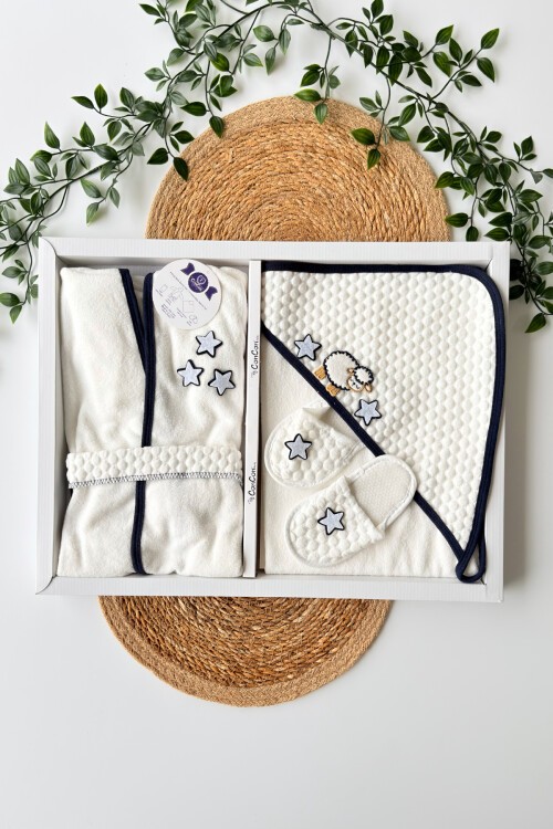 KUZULU BEBEK HAVLU BORNOZ TAKIMI LACİVERT