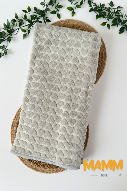 PELUŞ KALP BASKILI BATTANİYE 100*120 CM GRİ
