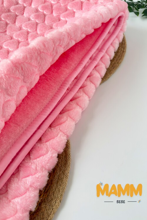 PELUŞ KALP BASKILI BATTANİYE 100*120 CM PEMBE