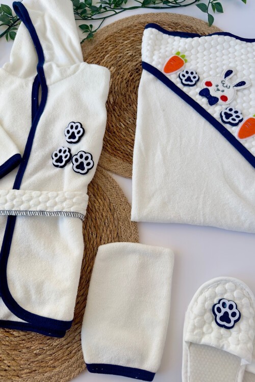 TAVŞANLI BEBEK HAVLU BORNOZ TAKIMI LACİVERT