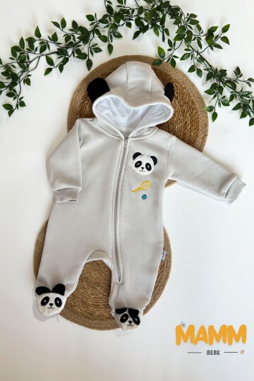 0-12 AY PANDA BASKILI ŞARDONLU KAPŞONLU TULUM GRİ