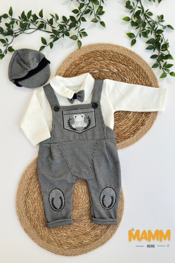 0-12 AY YAKALI ŞAPKALI SALOPETLİ MANŞETLİ TULUM SİYAH