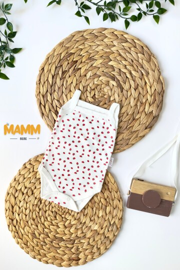 0-3-6-9 AY MİNİK ÇİLEK DESENLİ İP ASKILI ZIBIN BEYAZ