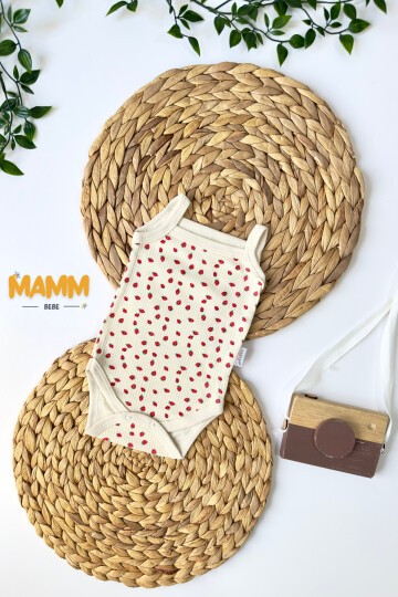 0-3-6-9 AY MİNİK ÇİLEK DESENLİ İP ASKILI ZIBIN EKRU