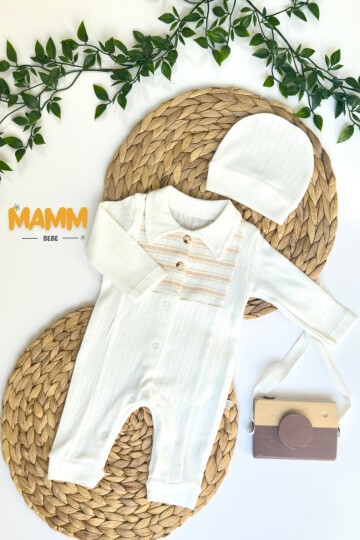 0-6 AY ÇİZGİLİ YAKALI PREMATÜRE TULUM BEYAZ