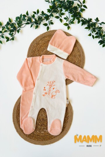 0-6 AY TAVŞAN BASKILI KADİFE PATİKLİ TULUM SOMON