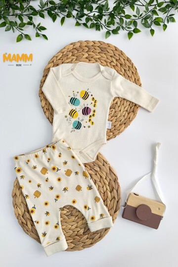 0-9 AY 2Lİ ARI DESENLİ KOLLU TAKIM EKRU