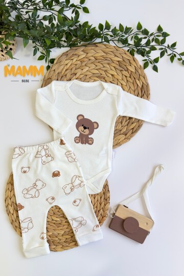 0-9 AY 2Lİ AYICIK DESENLİ KOLLU TAKIM BEYAZ