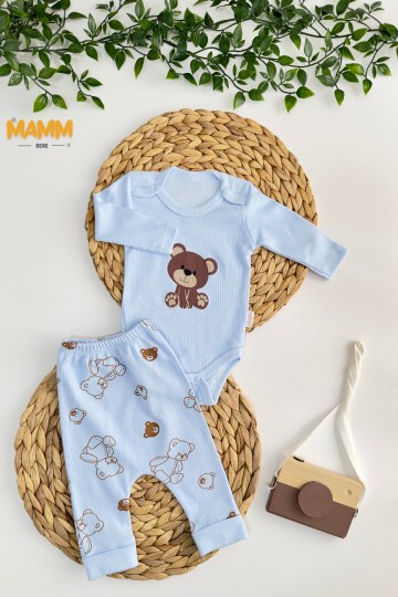 0-9 AY 2Lİ AYICIK DESENLİ KOLLU TAKIM MAVİ